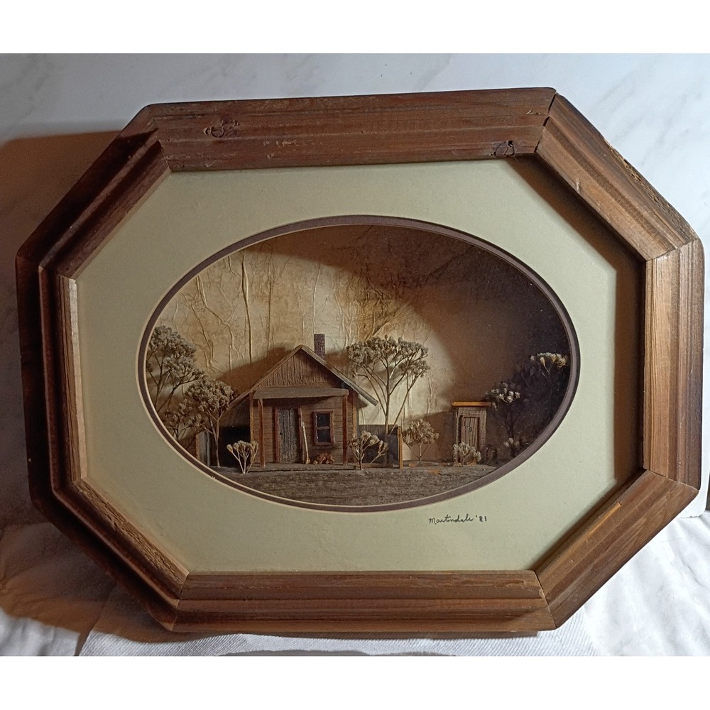 Vintage 1981 Martindale Shadow Box Art Lake Kemp Cabin Outhouse Wood Frame 12x10